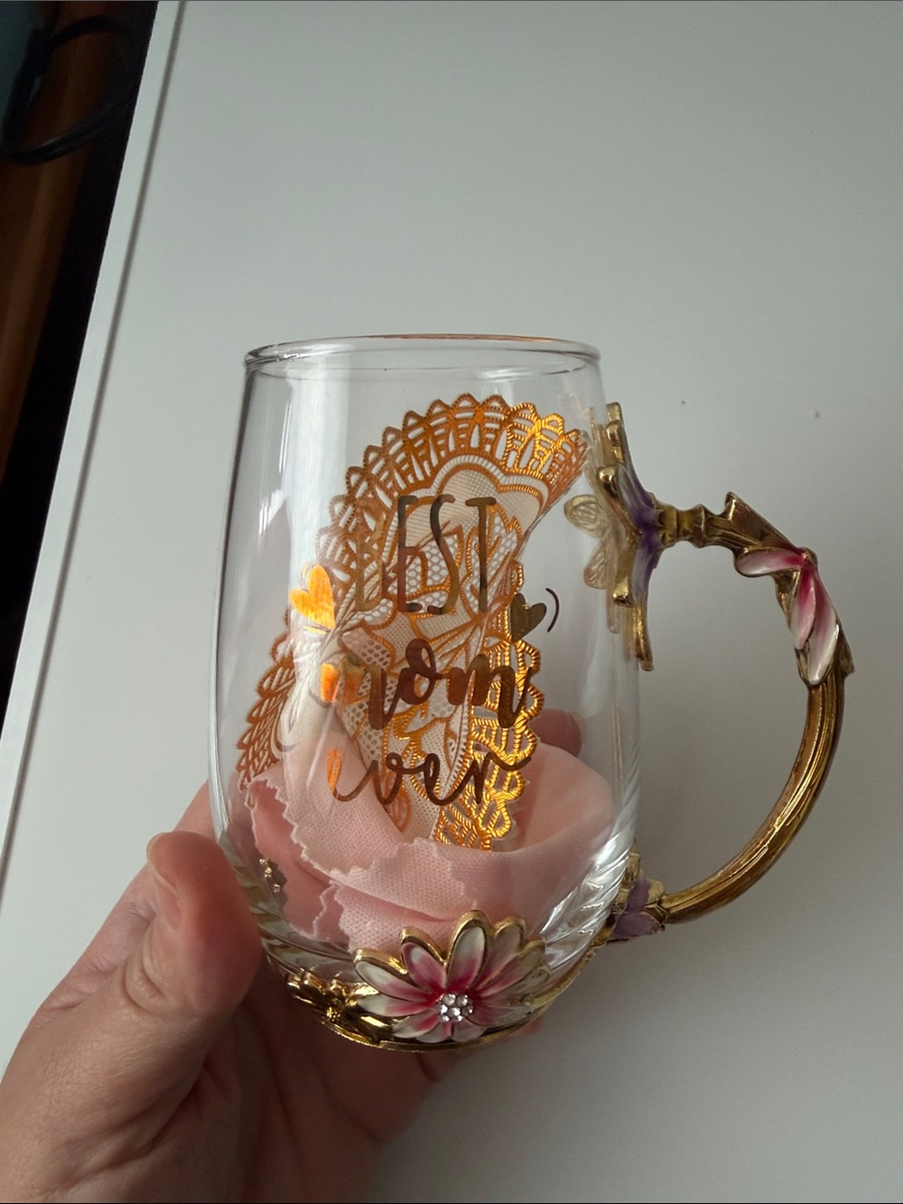 “Best Mom Ever” Gold Floral Handle Glass Teacup - Pink Accent